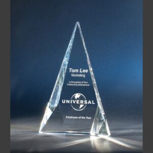 Triangular crystal award engraved for employee achievement, ideal for corporate recognition events or milestones.