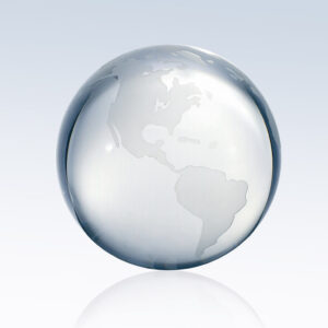 Crystal globe trophy with etched Americas map on clear glass, ideal for corporate milestone or employee achievement awards.