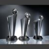 Equator Crystal Award trophies in silver with globe tops, varying heights, ideal for corporate or employee recognition.