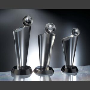 Equator Crystal Award trophies in silver with globe tops, varying heights, ideal for corporate or employee recognition.