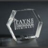 Hexagonal crystal trophy with engraved Payne Theological Seminary logo and cross, ideal for academic recognition awards.