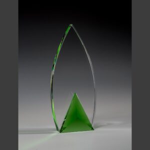 Crystal trophy with a pointed leaf design and green base, ideal for corporate milestone or employee recognition awards.