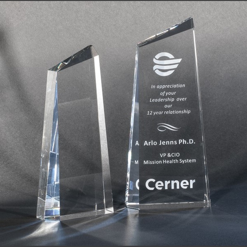 Glacier Crystal Award plaque, clear glass material, suitable for corporate or employee milestone recognition.