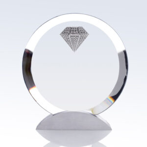 Crystal trophy with silver base and engraved diamond emblem, ideal for corporate or milestone achievement recognition.