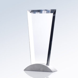 Crystal trophy with angular design on a silver metal base, ideal for corporate recognition or milestone awards.