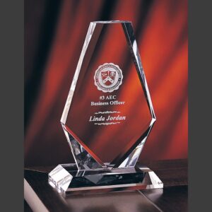 Crystal plaque award with engraved emblem and text for corporate achievement, displayed on wood with blurred red-orange background.