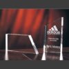 Crystal trophy and plaque awards on wood surface; one features Adidas logo for corporate sales achievement.