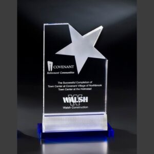 Crystal star award with cutout on blue base, featuring Covenant logo and text recognizing corporate project achievement.