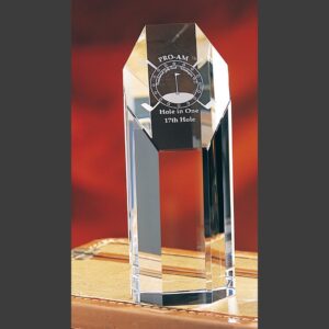 Crystal trophy with hexagonal design, golf flag engraving, PRO-AM Hole in One, 17th Hole. Ideal for sports achievement awards.