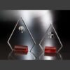Crystal globe diamond awards with red bases, ideal for corporate recognition or employee milestones. Crystal material.