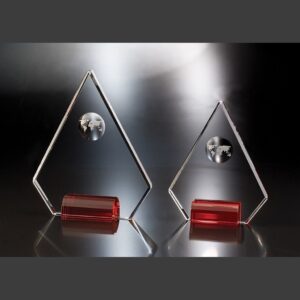 Crystal globe diamond awards with red bases, ideal for corporate recognition or employee milestones. Crystal material.