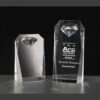 Crystal award trophies with faceted diamond tops, ideal for corporate recognition or milestone achievements.