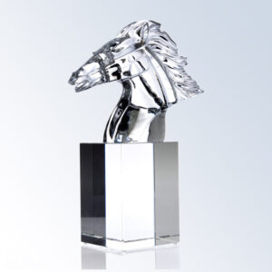 Crystal horse head trophy on a tall rectangular glass base, ideal for corporate or employee achievement recognition.