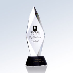 Crystal trophy with diamond shape on black base, engraved for UMPQUA BANK Top New Loan Producer corporate recognition.