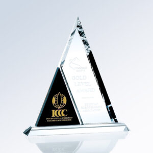 Crystal trophy with gold and black ICCC emblem, etched Gold Level Award, Egyptian Businessmens Association recognition.