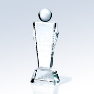 Crystal award trophy with geometric design and sphere top on rectangular base, etched text for corporate recognition.