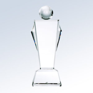 Crystal trophy with rectangular base and globe top, ideal for corporate or employee achievement recognition.