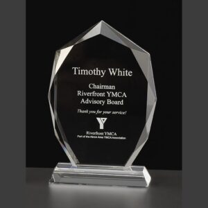 Crystal plaque with engraved text for outstanding service; features Riverfront YMCA logo. Ideal for corporate recognition.