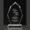 Crystal trophy with beveled edges, engraved Knight of Excellence Award for corporate recognition, clear crystal material.