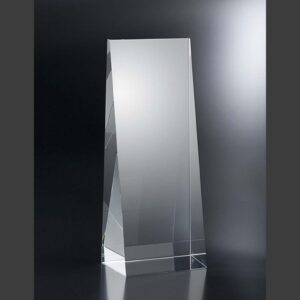 Clear rectangular crystal award with angled sides on a reflective base, ideal for corporate or employee recognition.