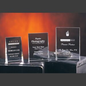 Crystal wedge awards displayed on a black surface, ideal for corporate or employee achievement recognition.