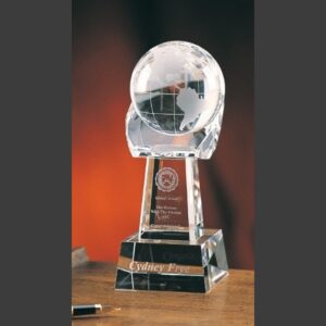 Crystal globe trophy with engraved text on pedestal base, ideal for corporate or employee recognition awards.