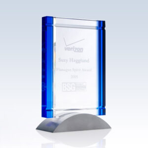 Crystal glass plaque with blue accents, silver base; corporate award for outstanding employee achievement, engraved details visible.