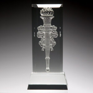 Crystal rectangular trophy with etched torch and ribbons on a square base, ideal for corporate or employee recognition awards.