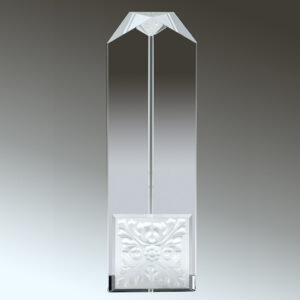 Clear crystal trophy with pointed top, square base, and frosted pattern; ideal for corporate or milestone recognition awards.