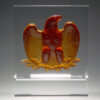 Amber crystal eagle plaque award on clear base, ideal for corporate recognition or employee achievement displays.