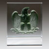 Crystal trophy featuring a raised green eagle on a branch, perfect for corporate recognition or employee achievement awards.