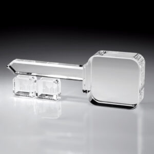 Crystal key award trophy with rectangular head and two crystal bases, ideal for corporate recognition or achievement milestones.