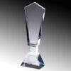 Clear crystal trophy with tall faceted design on square base, ideal for corporate or golf achievement recognition.
