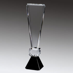 Crystal trophy with tall, tapered design on black pedestal, ideal for corporate recognition or employee achievement awards.