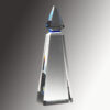 Clear crystal obelisk trophy with pointed top, polished finish; ideal for corporate or employee achievement recognition.