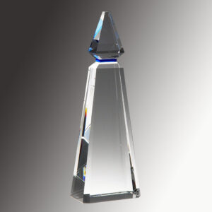 Clear crystal obelisk trophy with pointed top, polished finish; ideal for corporate or employee achievement recognition.