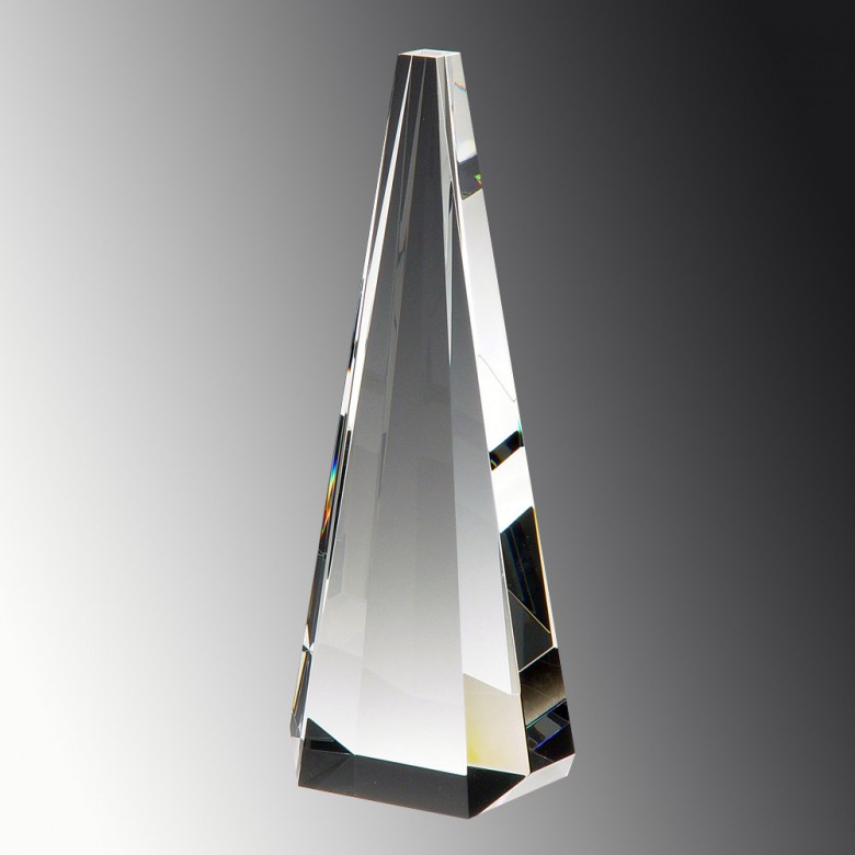 Crystal pyramid trophy with reflective finish on gradient background, ideal for corporate recognition or achievement awards.