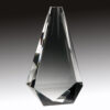 Clear crystal trophy with faceted geometric design, upright on a gradient background, ideal for corporate recognition awards.