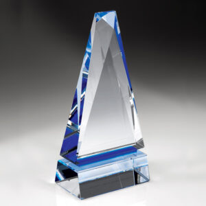 Triangular crystal trophy with blue accents on a clear base, ideal for corporate or employee achievement awards.
