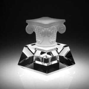Crystal column trophy with frosted Ionic capital and clear faceted base, ideal for corporate or milestone achievement awards.