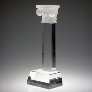 Crystal column trophy with ornate capital on faceted base, ideal for corporate or employee achievement recognition.