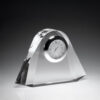 Crystal desk clock trophy with silver face on geometric base, ideal for corporate recognition or employee achievement awards.