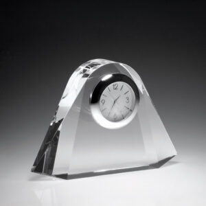 Crystal desk clock trophy with silver face on geometric base, ideal for corporate recognition or employee achievement awards.