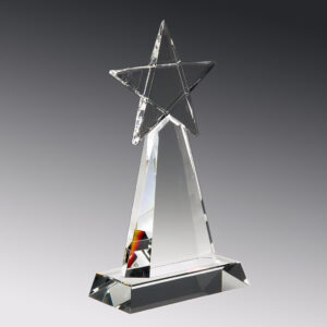 Crystal star award trophy with tapered base, ideal for corporate or employee recognition, on a gradient gray background.