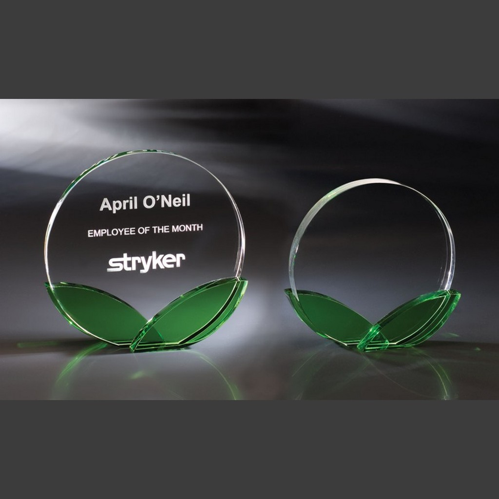 Green Shoots round crystal awards with green glass bases, ideal for employee recognition or corporate achievement.