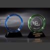 Crystal circle awards with black bases, blue and green edges, designed for corporate or milestone recognition.