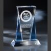 Crystal trophy with beveled edges and Lewis University logo, honoring 50 years of Lasallian sponsorship; rectangular glass base.