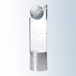 Crystal golf trophy with engraved 25 Year Reunion, Shenandoah University logo on metallic base; milestone recognition award.