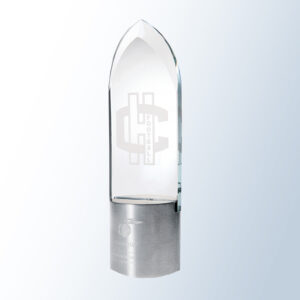 Crystal football trophy with etched HC logo, silver base, Geomatic and Excellence engraved; ideal for sports achievement awards.