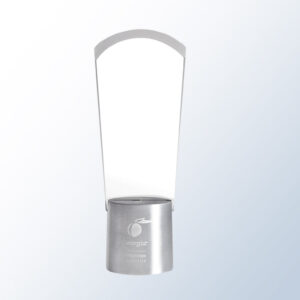 Crystal trophy with clear rectangular top, metal base engraved Georgia logo and "georgia innovation"; corporate recognition award.